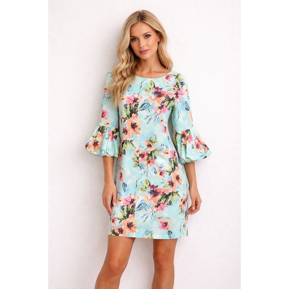 Ronni Nicole Womens Dress Floral Blue Bell Sleeve Shift Midi Wedding Easter